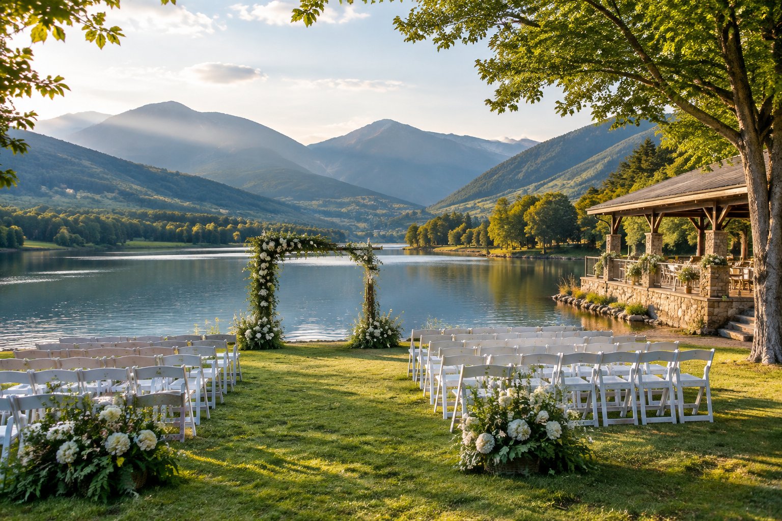 A wedding ceremony setup beside a lake in a mountain valley.