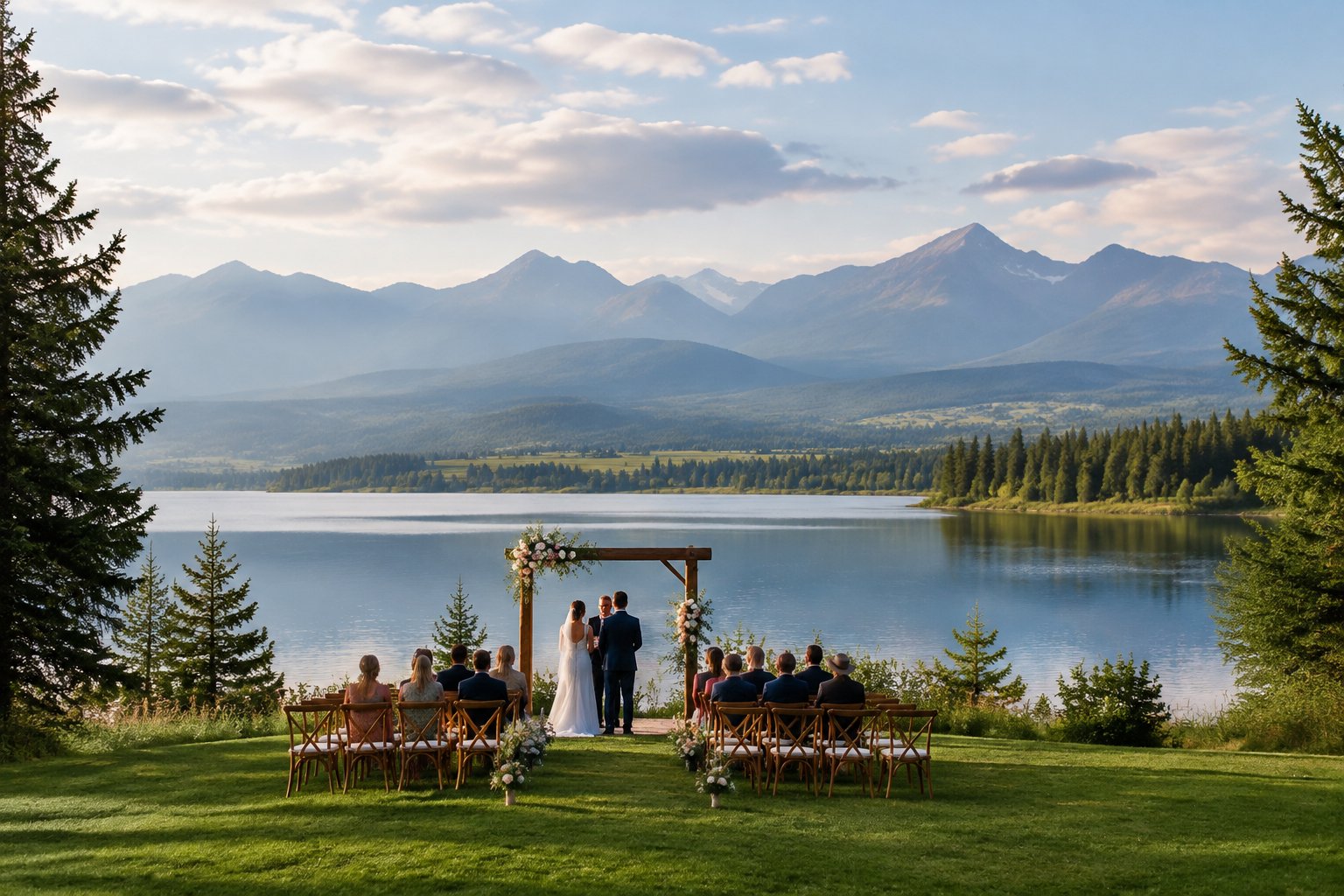 An outdoor wedding ceremony beside a lake with mountains in the distance.