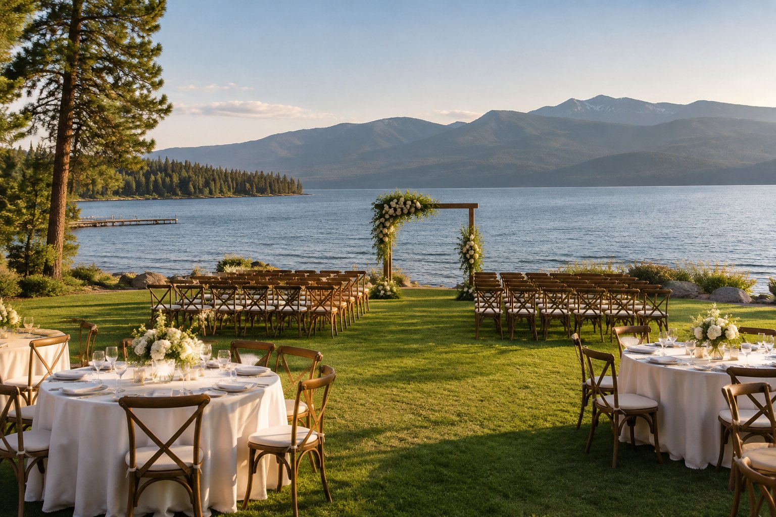 An outdoor wedding reception set beside a lake with forested mountains in the distance.