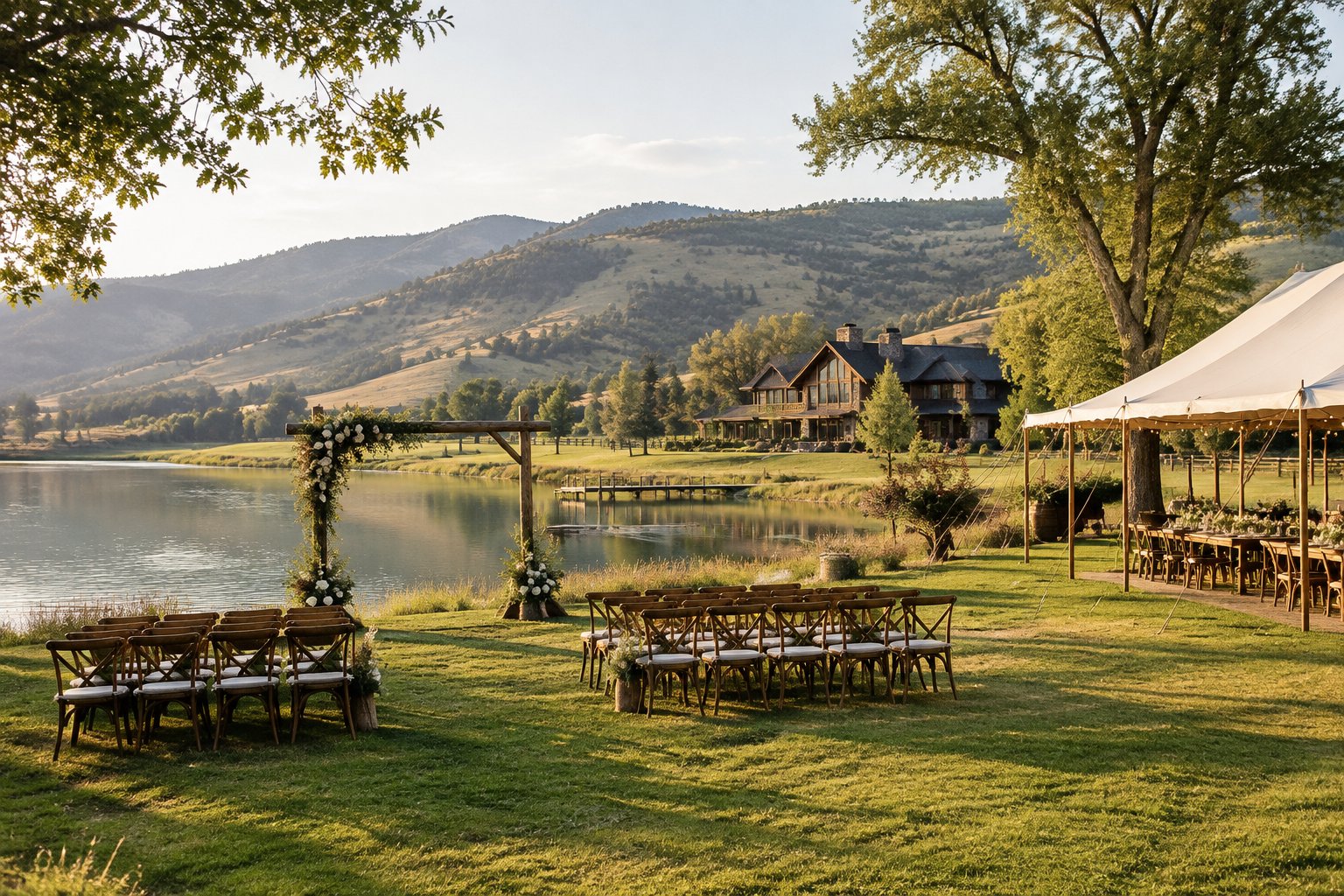 A rustic wedding ceremony and reception beside a lake in a green valley.