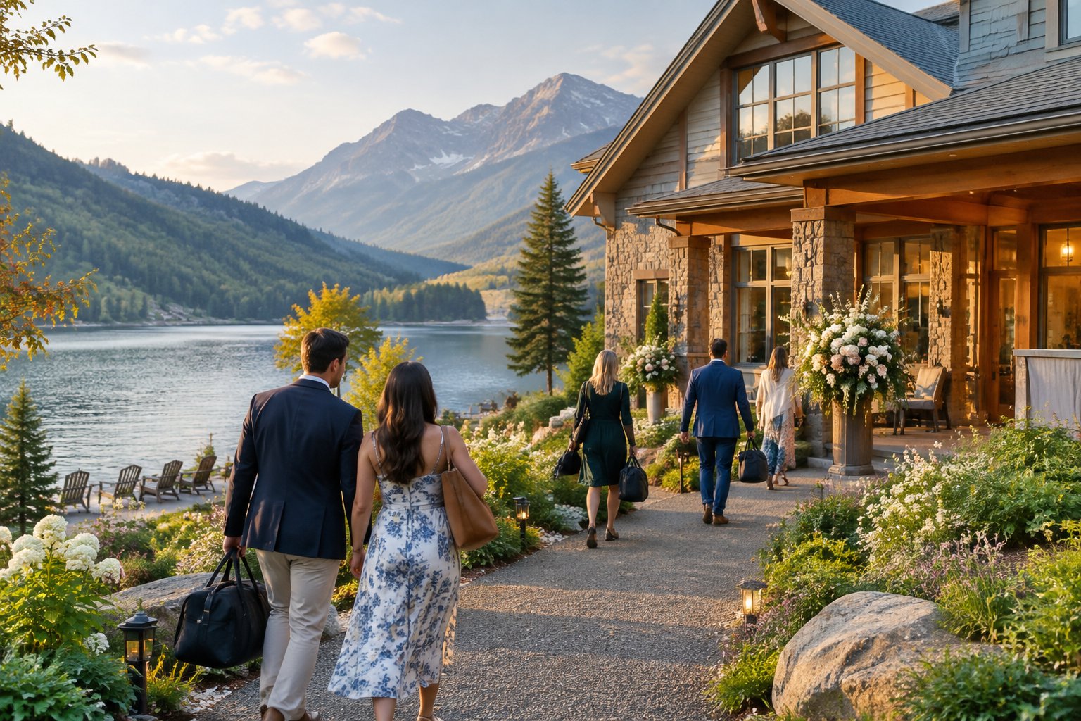 Wedding guests walk toward a lakeside lodge in a mountain valley.
