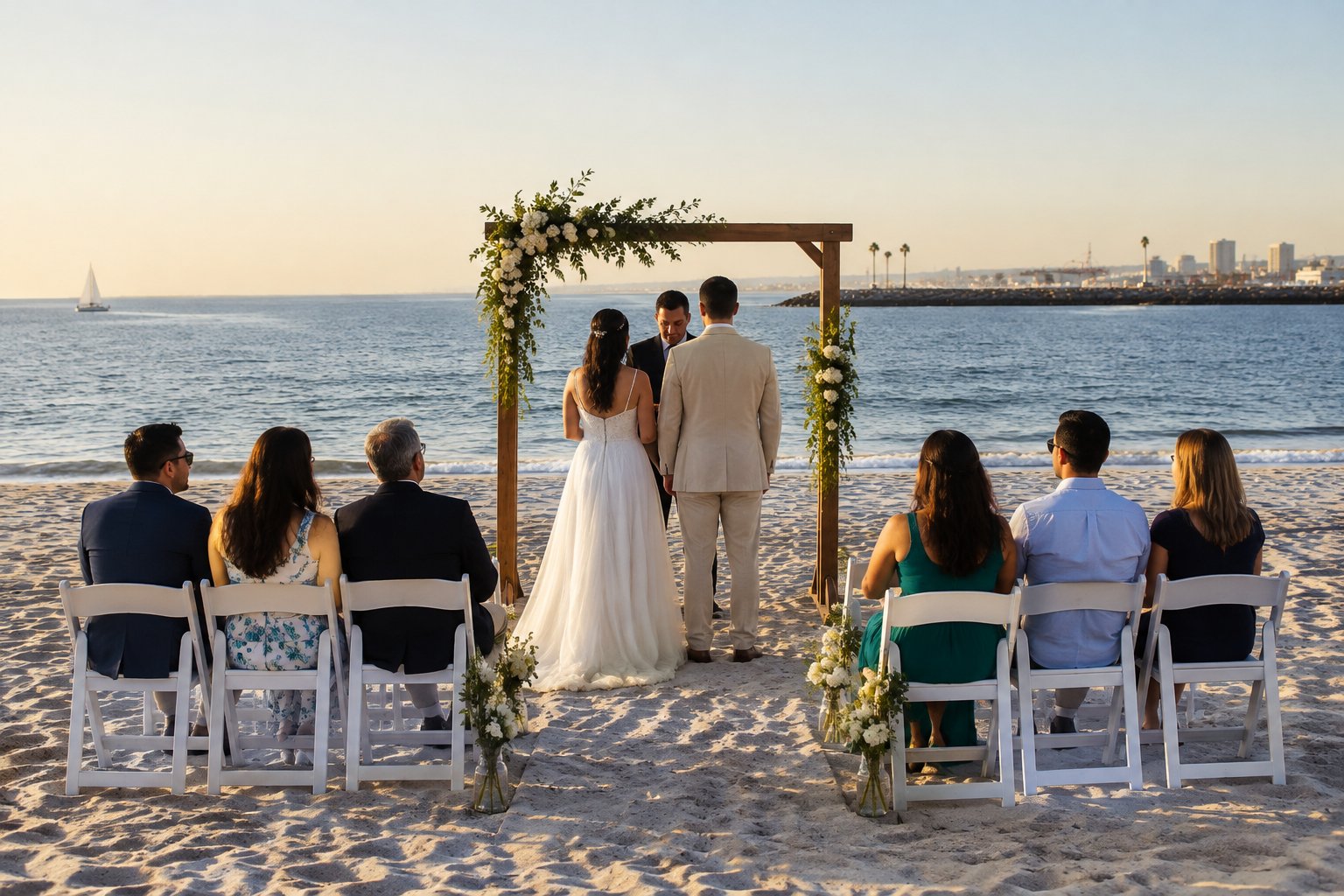 A couple exchanges vows at a simple beach ceremony as guests sit on folding chairs.