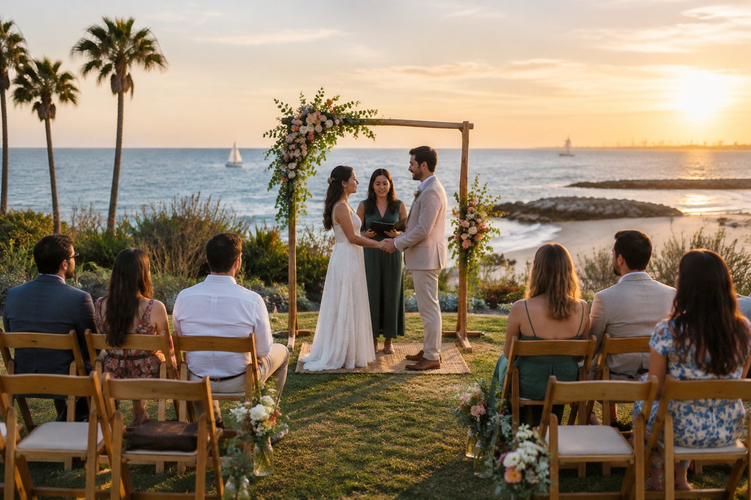A couple exchanges vows at a small seaside wedding ceremony with guests seated nearby.