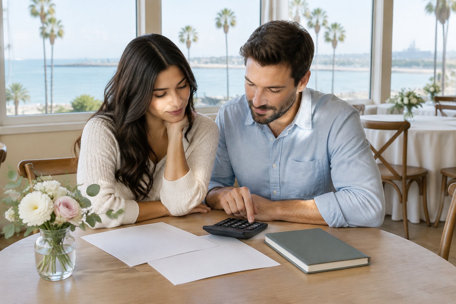 A couple reviews wedding expenses at a table in a coastal venue.
