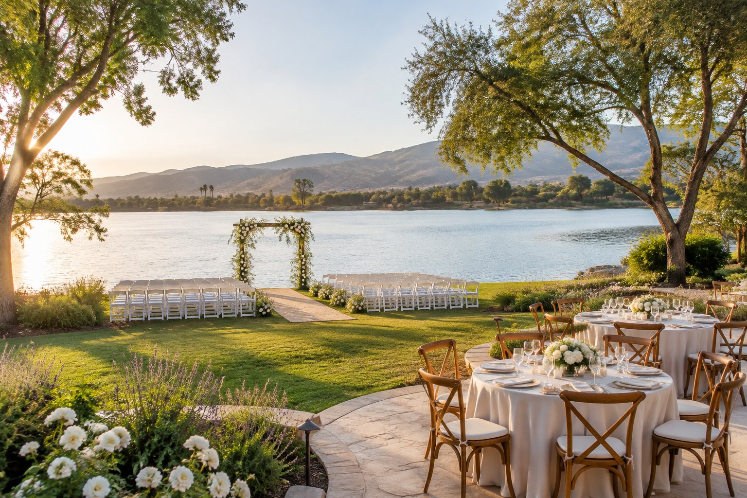 A wedding ceremony setup beside a calm lake, with chairs, flowers, and reception tables.