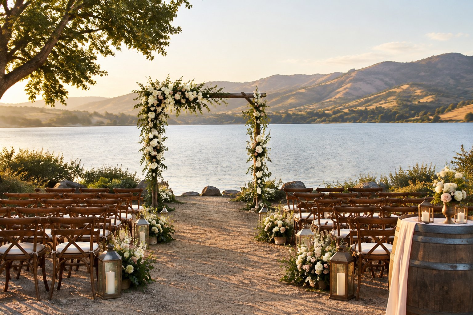 A wedding ceremony setup beside a calm lake with hills in the distance.
