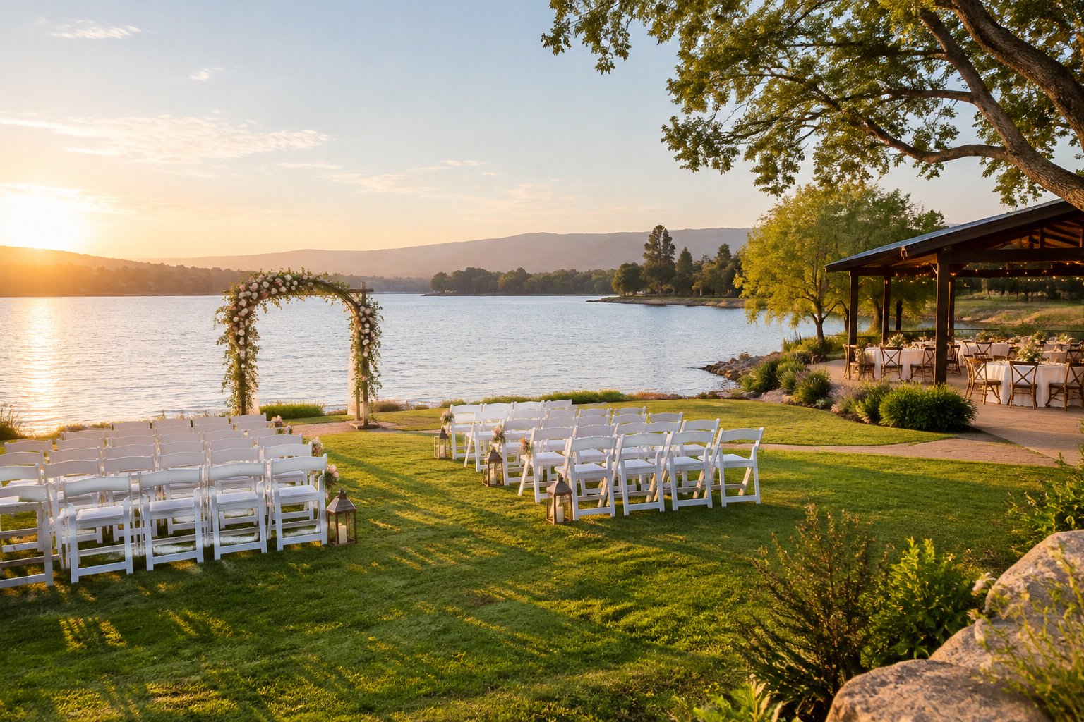 A wedding ceremony setup beside a calm lake.