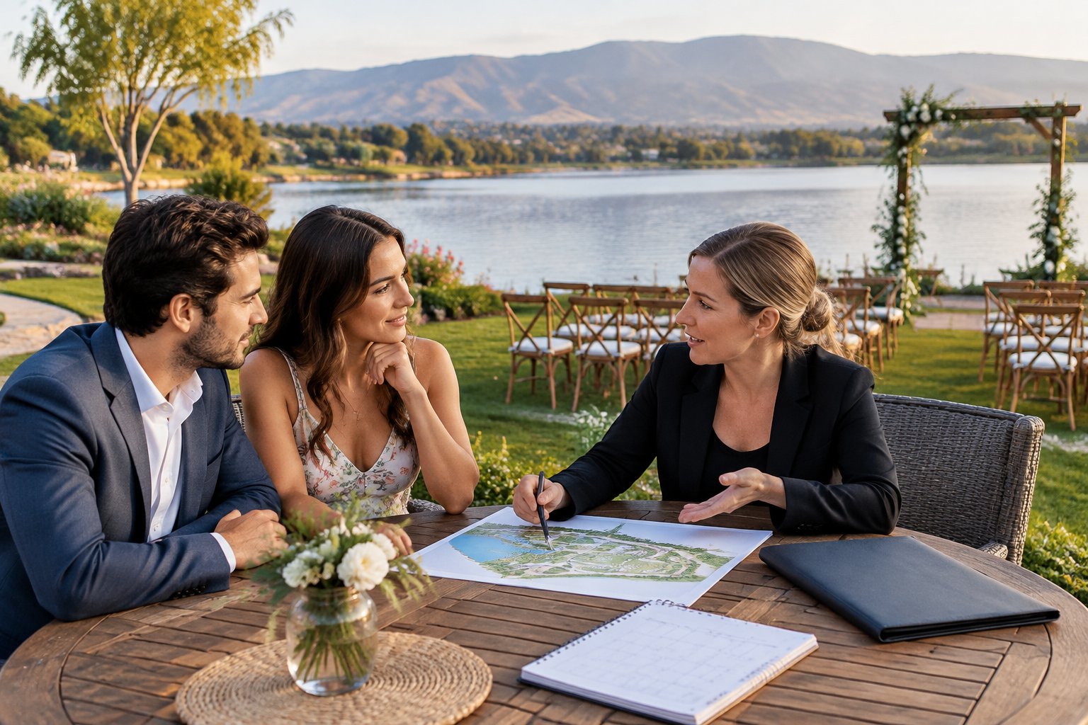 A couple discusses wedding plans with a venue coordinator beside a lake.