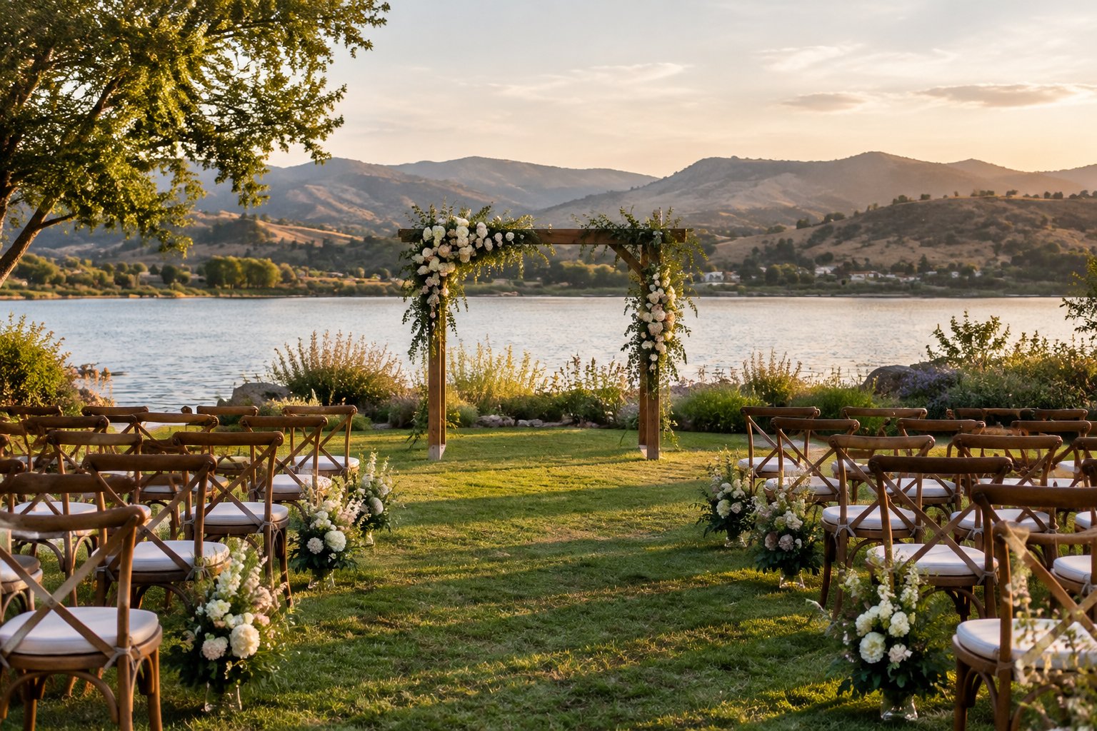 An outdoor wedding ceremony setup on a green lawn beside a lake and rolling hills.