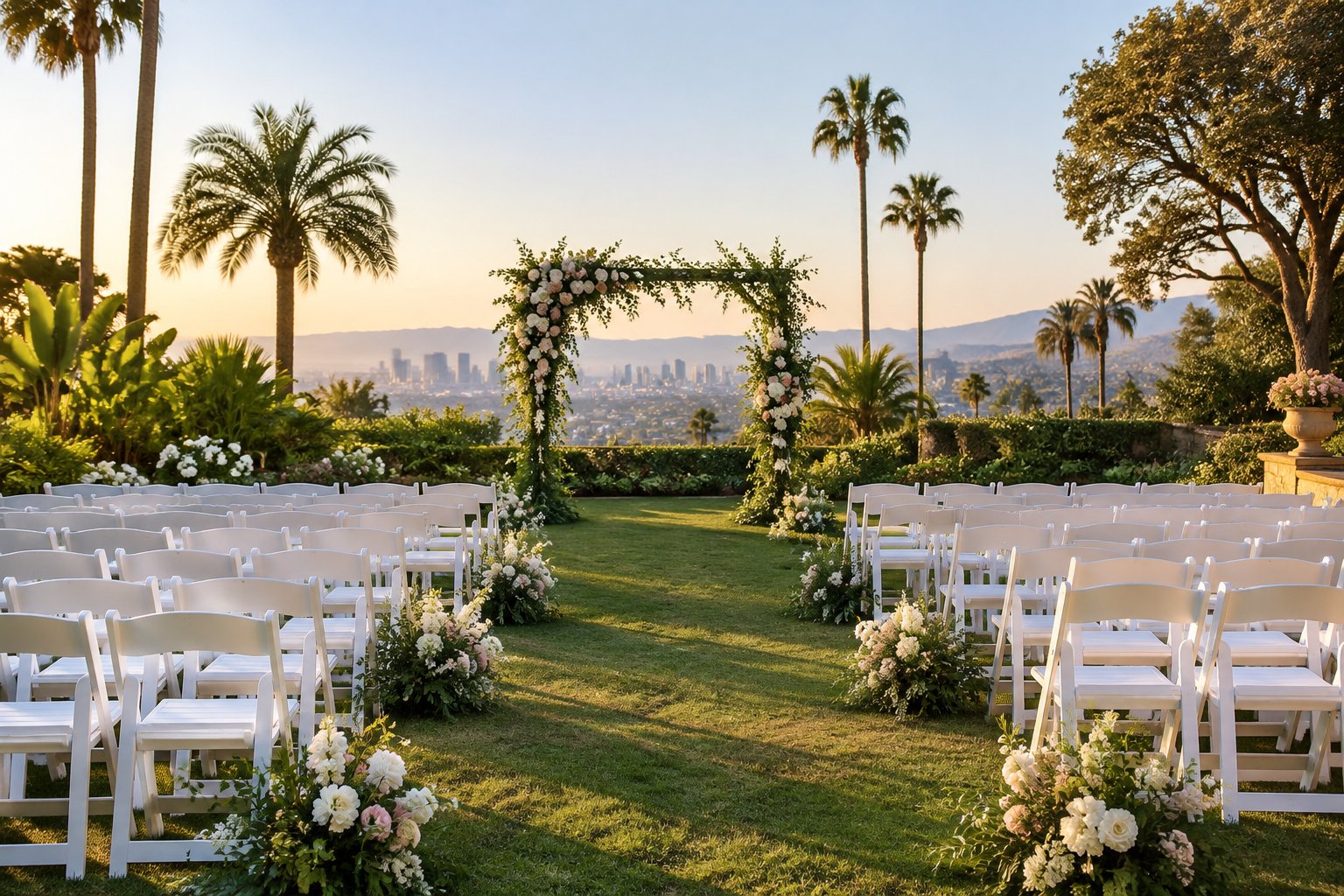 An outdoor wedding ceremony setup with rows of chairs, a floral arch, and palm trees.