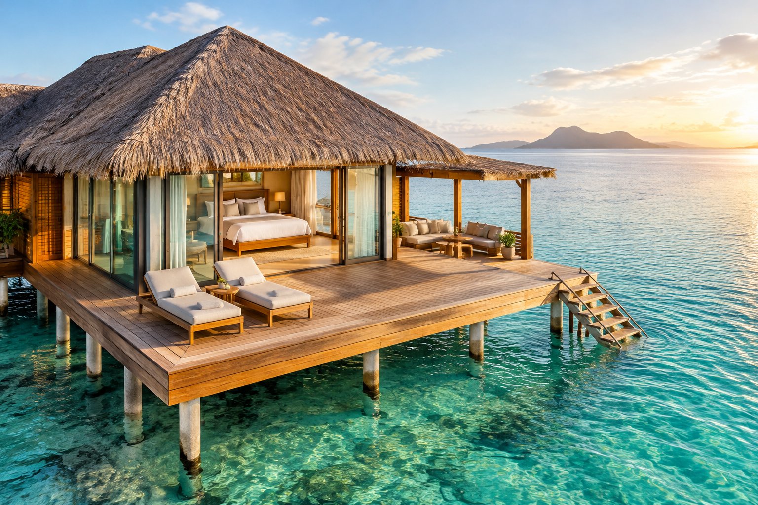 A luxury overwater bungalow with a king bed and a wooden deck above a turquoise lagoon.