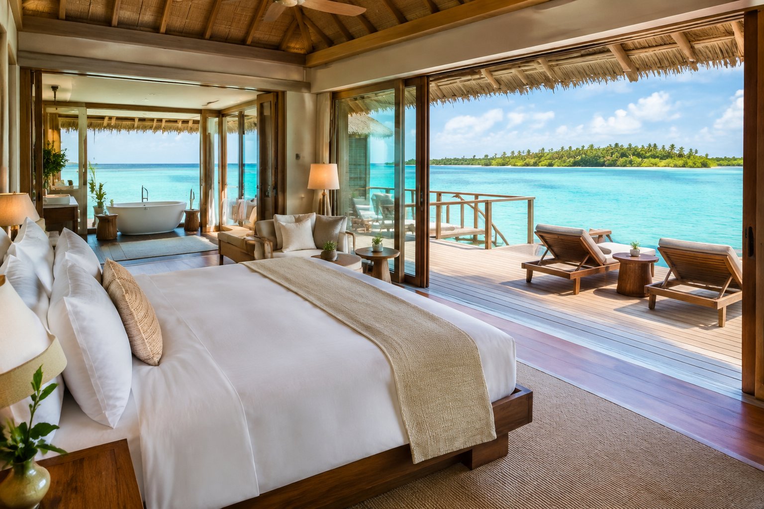 A king-size bed in an overwater bungalow opens onto a deck with turquoise ocean views.