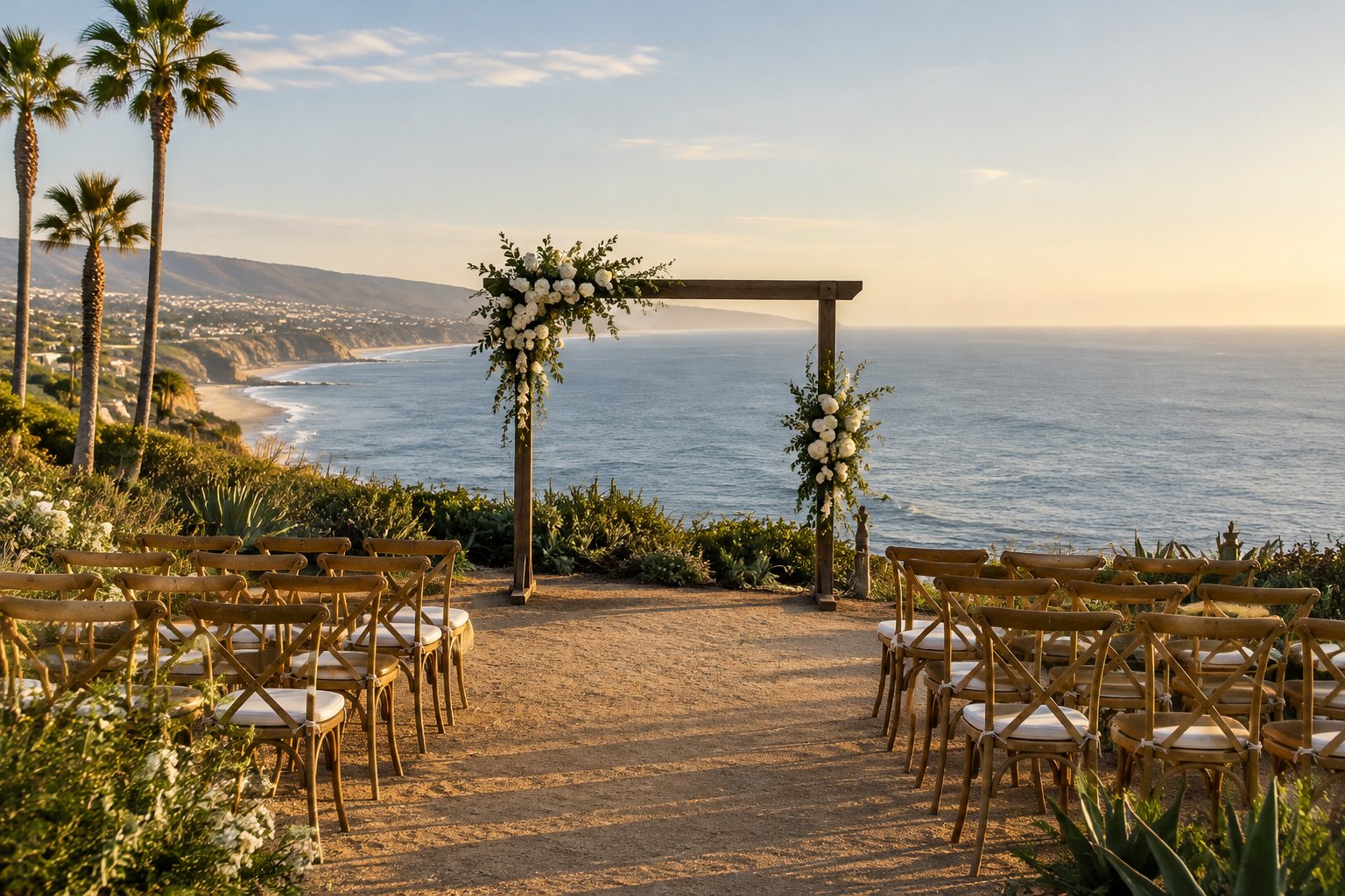 An outdoor wedding ceremony setup overlooks the Pacific Ocean from a coastal bluff.