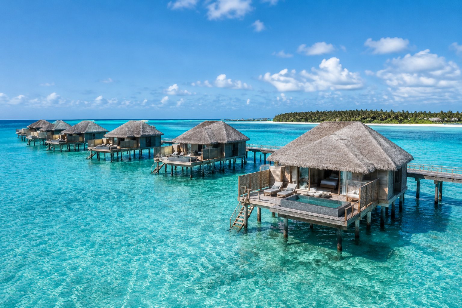 Overwater bungalows line a wooden walkway across a turquoise tropical lagoon.