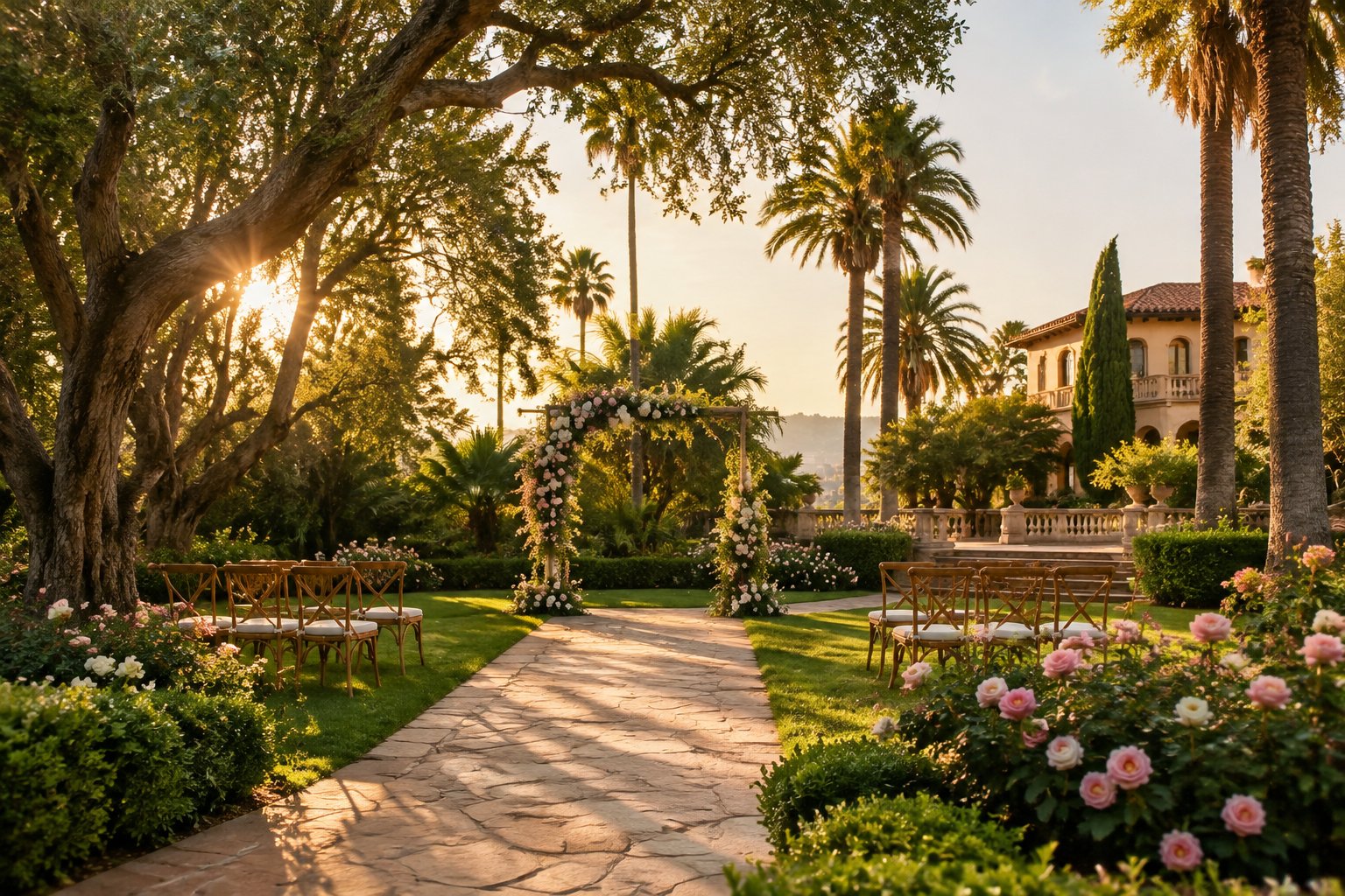 A garden wedding ceremony setup on the grounds of a Los Angeles estate.