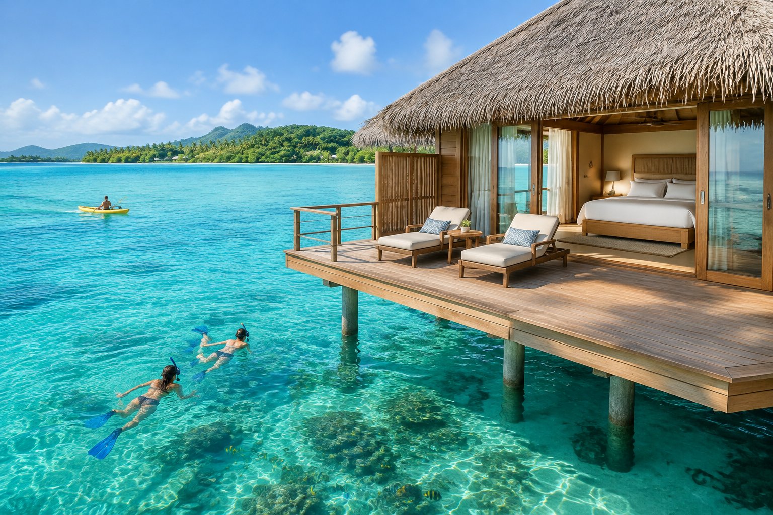 An overwater bungalow overlooks a turquoise lagoon where guests snorkel and kayak.