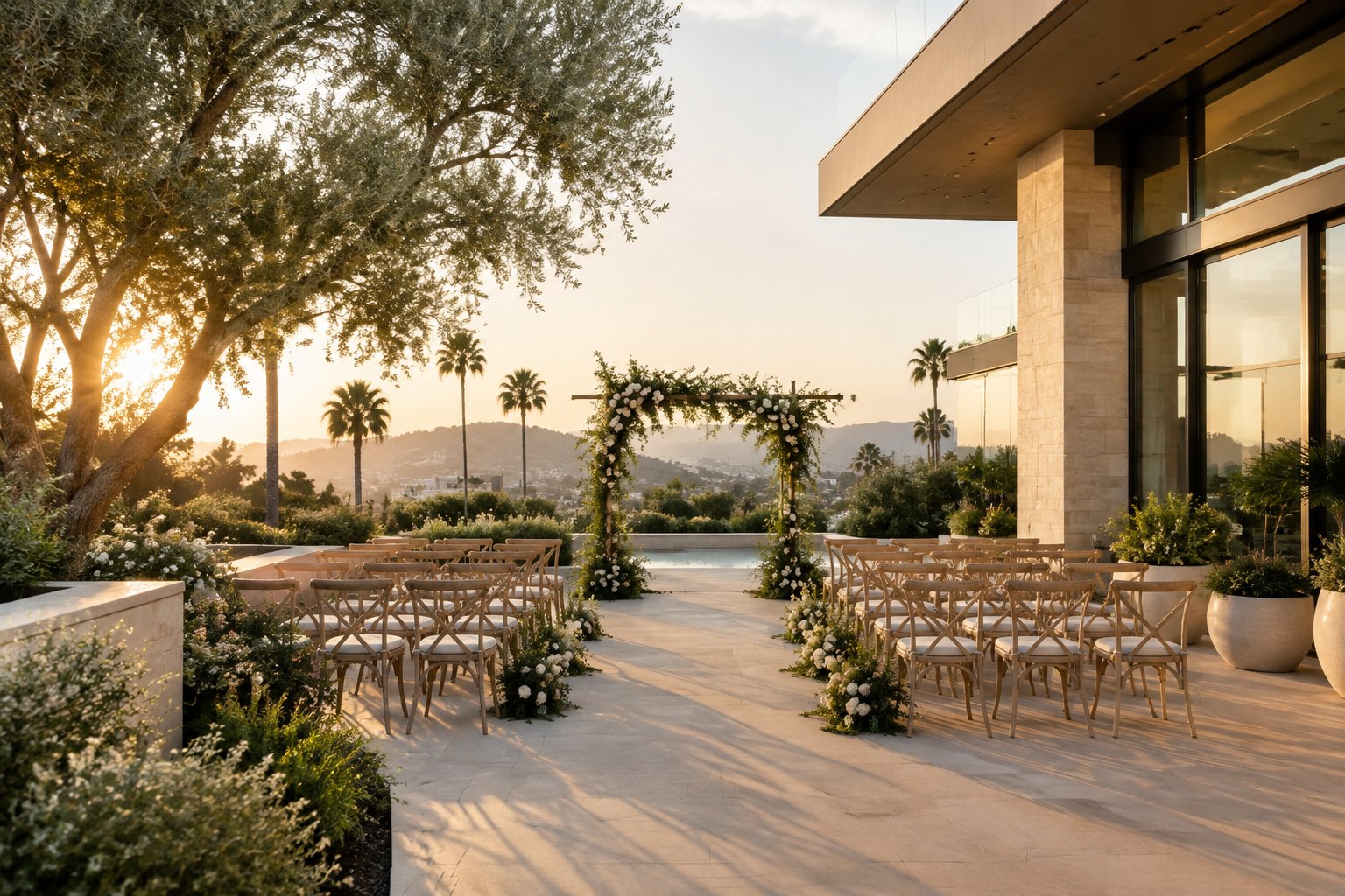 A wedding ceremony setup in a landscaped courtyard beside a modern building.