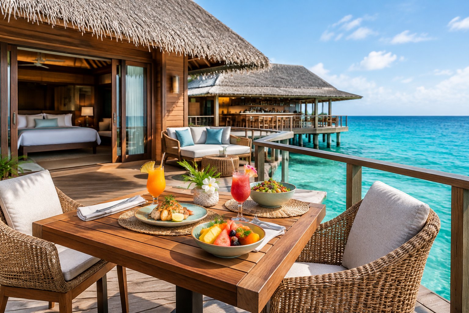 A dining table with tropical food and drinks on an overwater bungalow terrace.