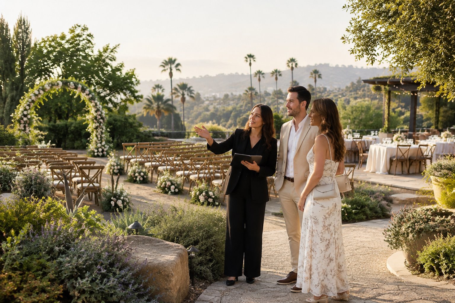 A couple and wedding planner discuss a garden venue with a floral ceremony arch.