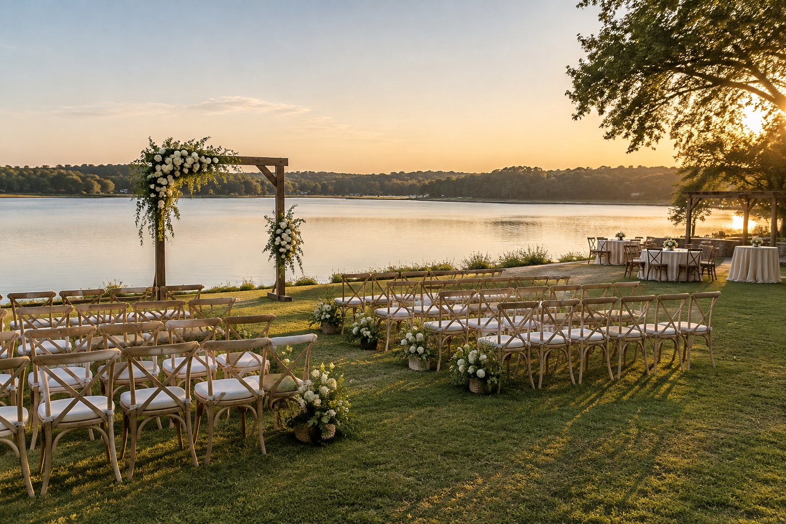 A wedding ceremony setup on a grassy lakeshore with chairs, a flower-covered arch, and a calm lake.