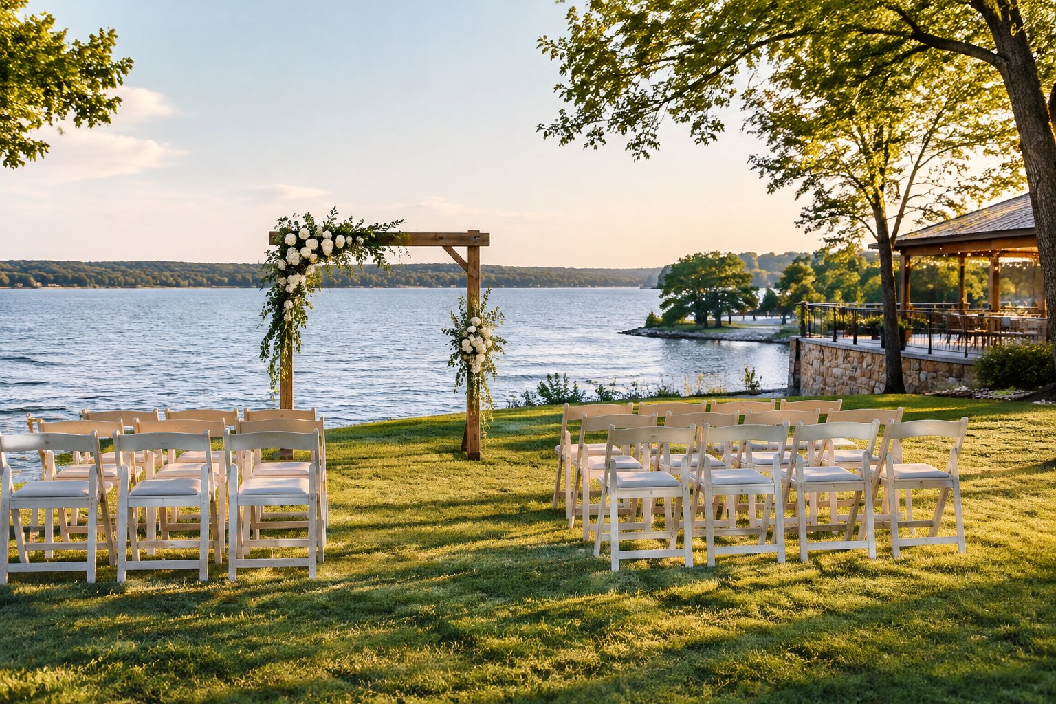 A wedding ceremony setup on a grassy lawn beside a calm lake.