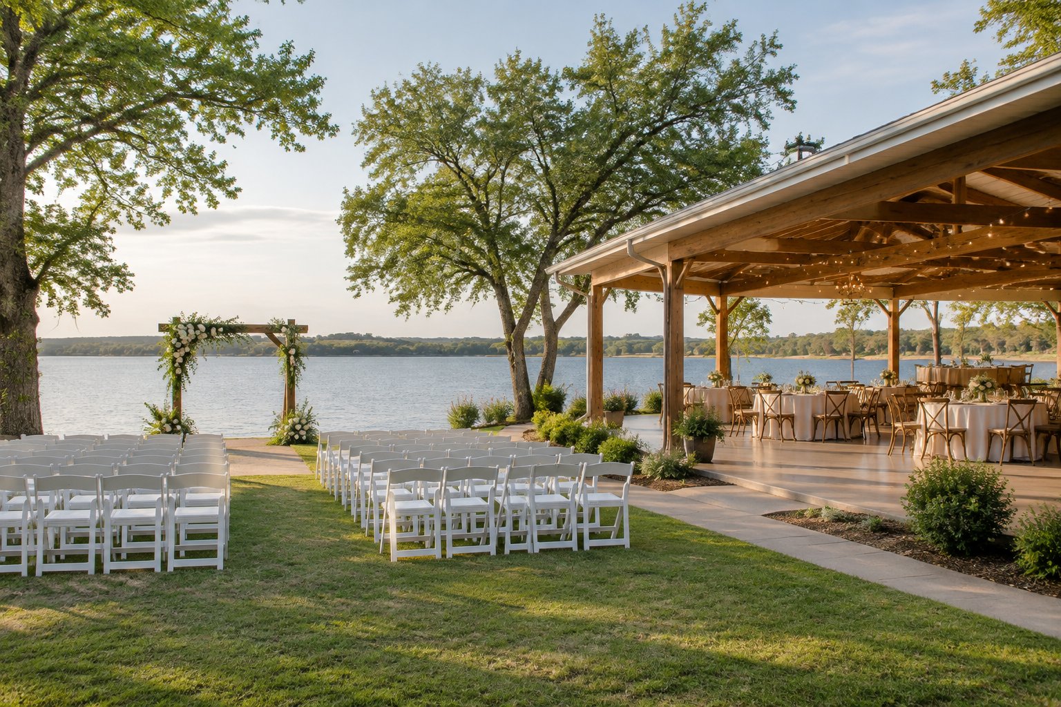 A lakeside wedding ceremony setup beside a pavilion reception in Waco.