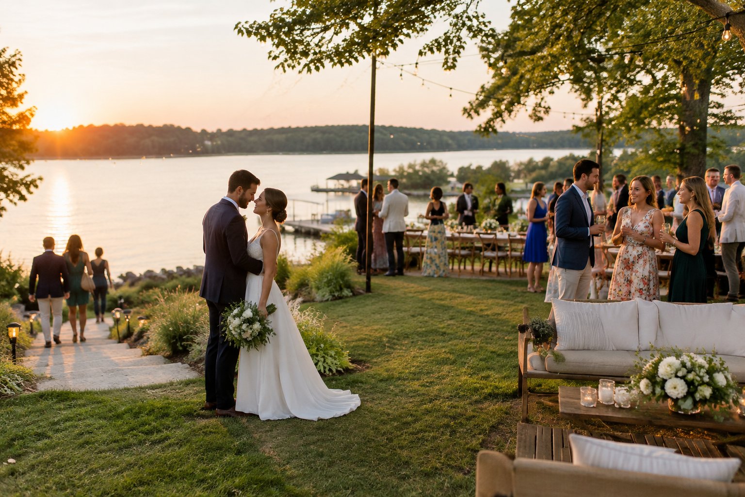 A newly married couple and their guests celebrate beside a lake.