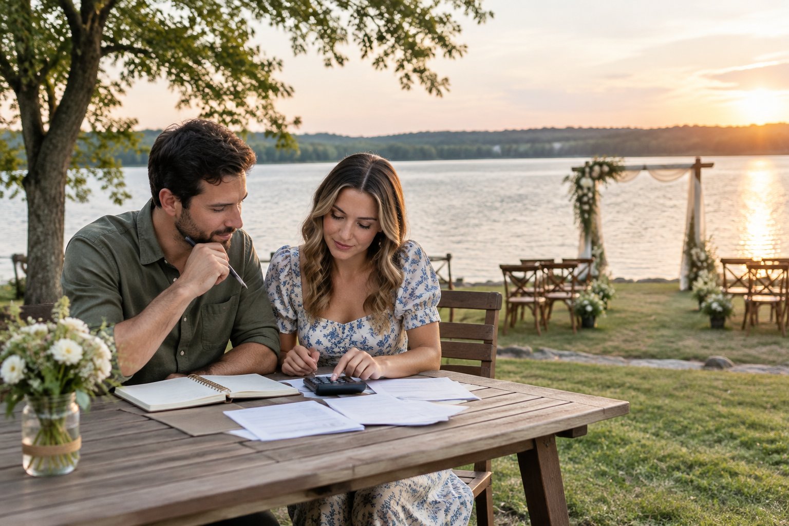 A couple reviews wedding plans at a table beside a lake.