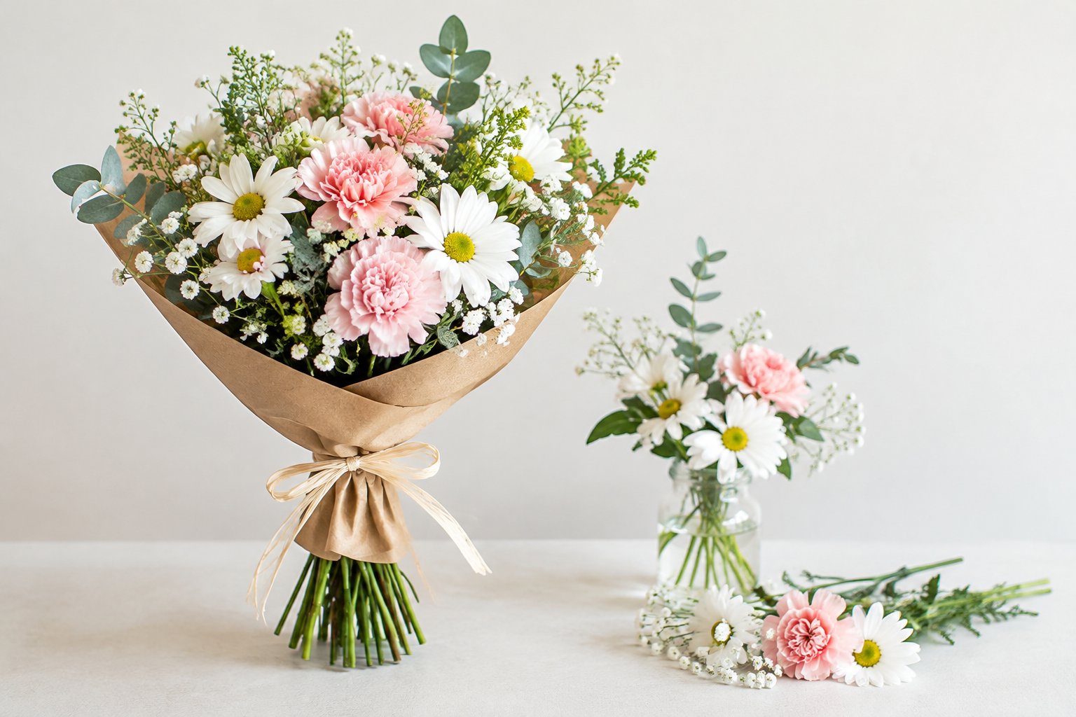 A simple bouquet of seasonal wedding flowers wrapped in kraft paper.