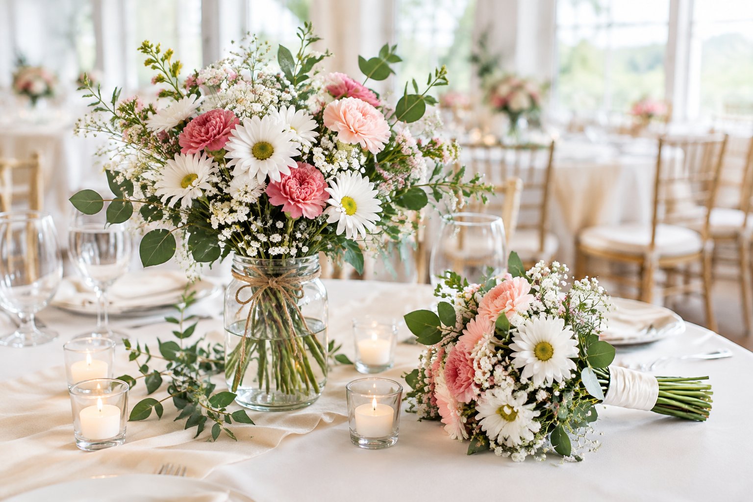 A colorful arrangement of seasonal flowers on a wedding table beside a small bridal bouquet.