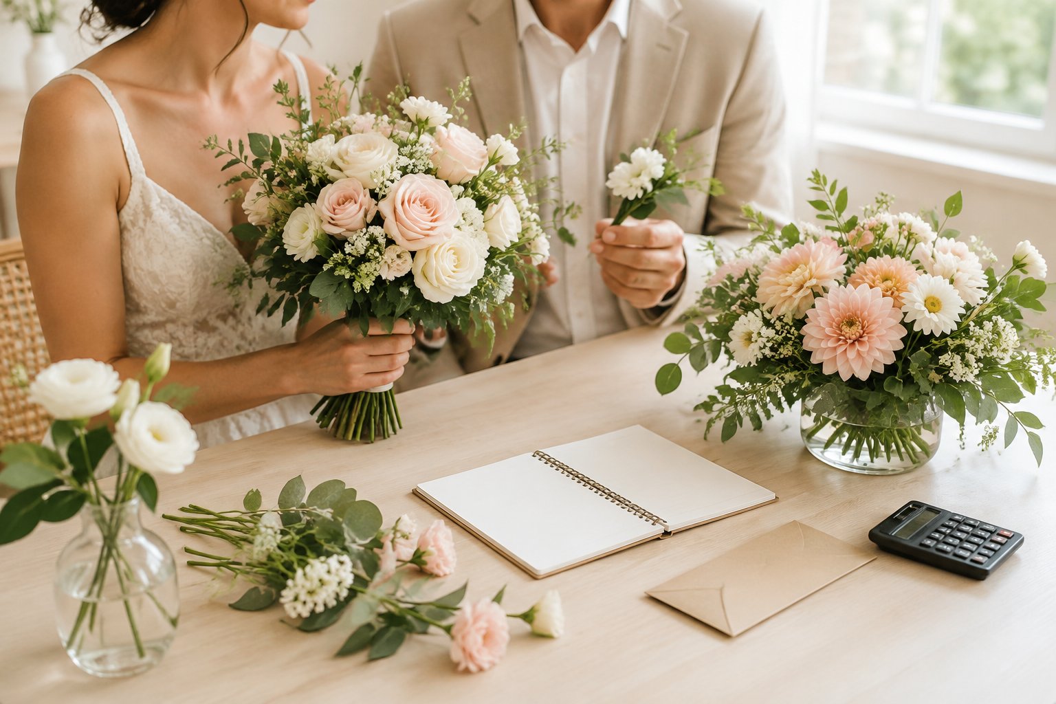 A couple compares a bridal bouquet and a simple wedding centerpiece beside planning supplies.