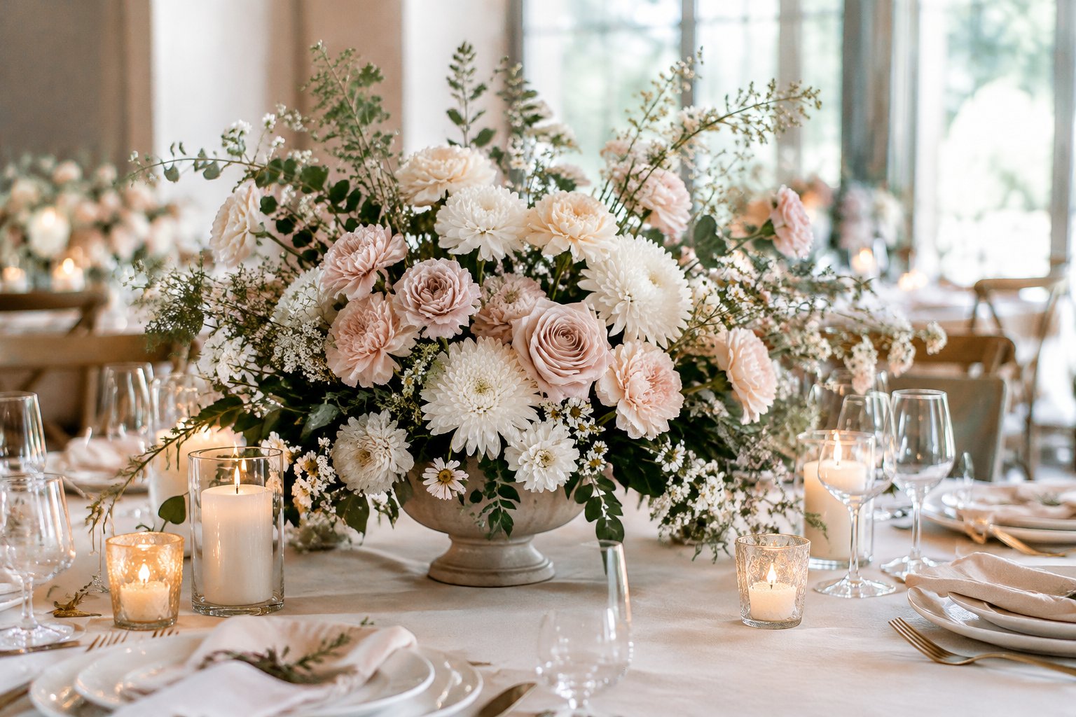 A wedding table with a carefully arranged centerpiece of flowers.