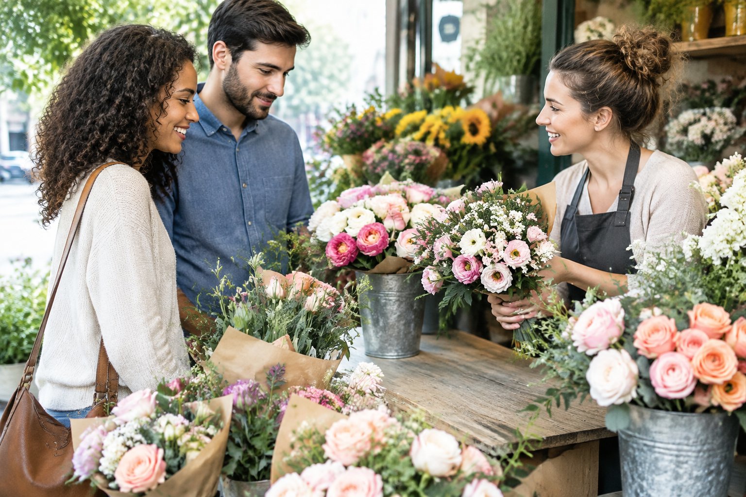 A couple compares bouquets with a florist in a flower shop.