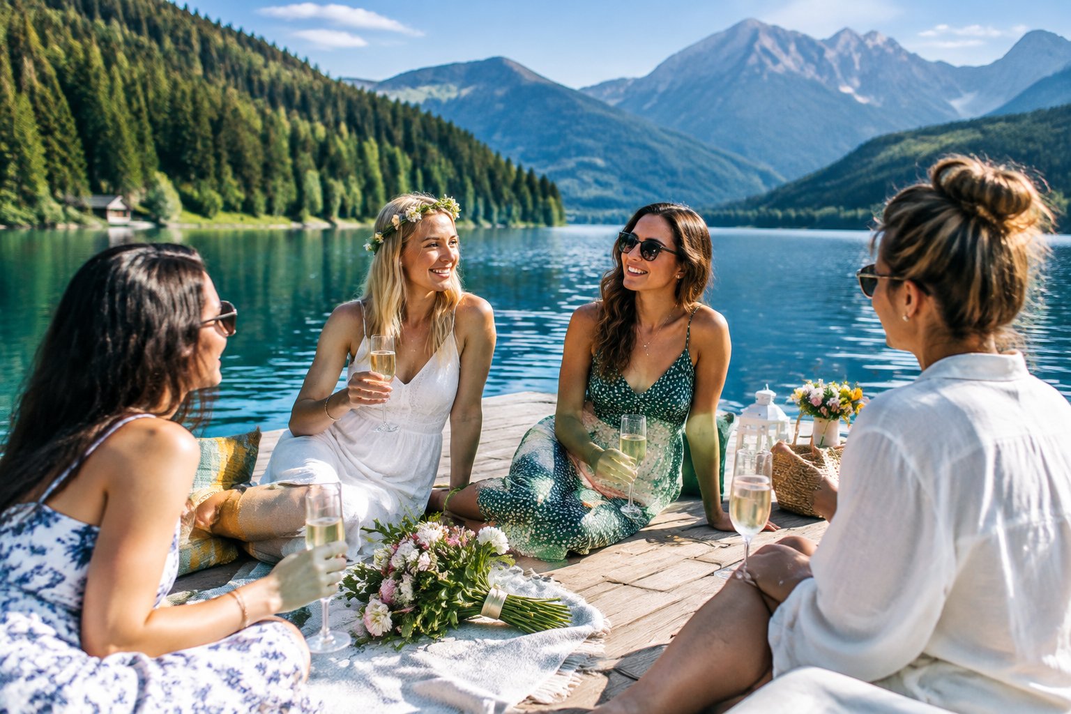 A group of friends relaxes together on a dock beside a mountain lake.