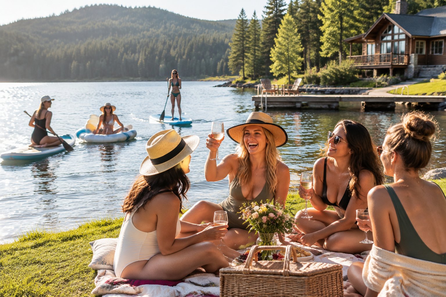 Friends celebrate together with a picnic and water activities beside a lake.