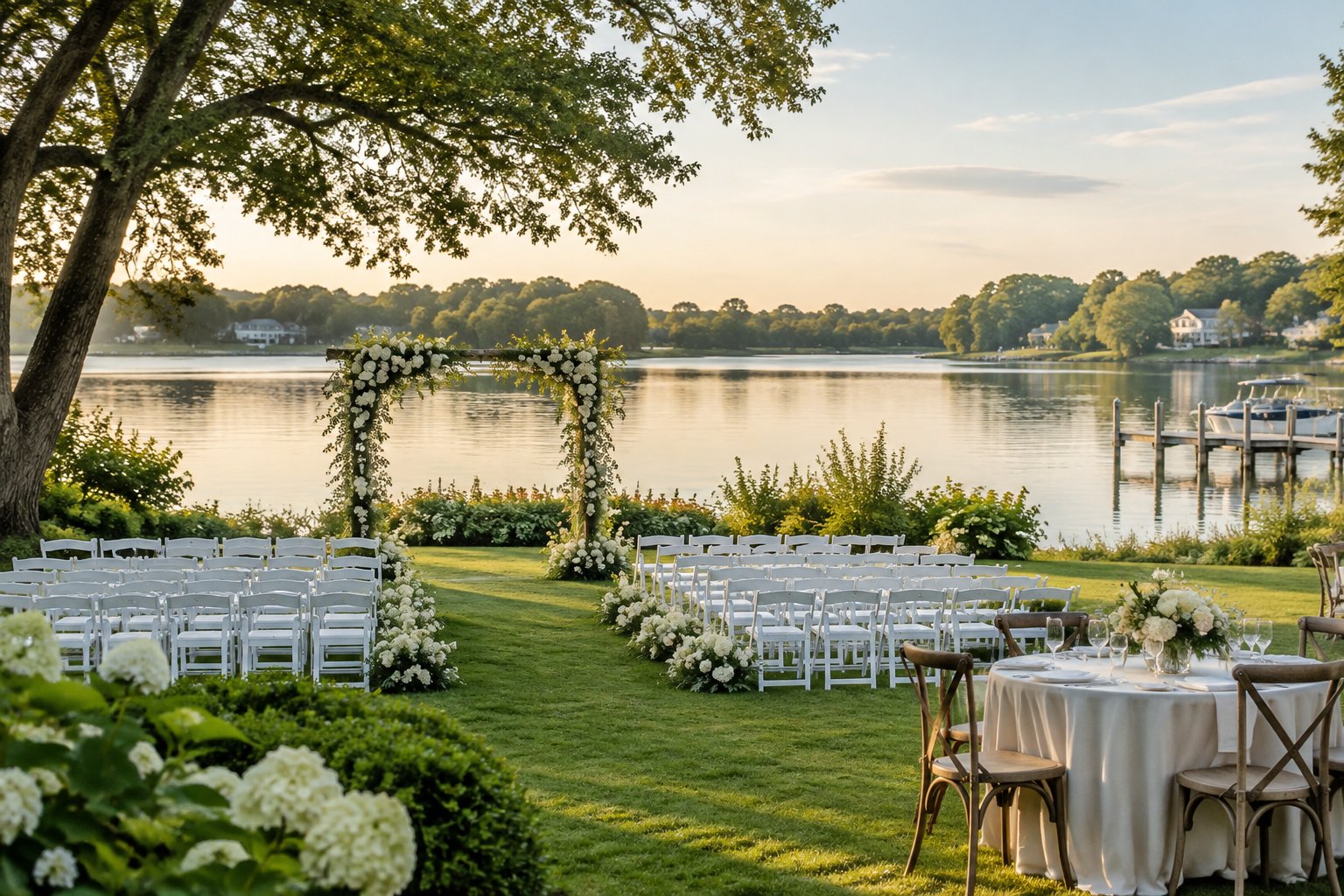 A wedding ceremony setup on a grassy lakeshore.
