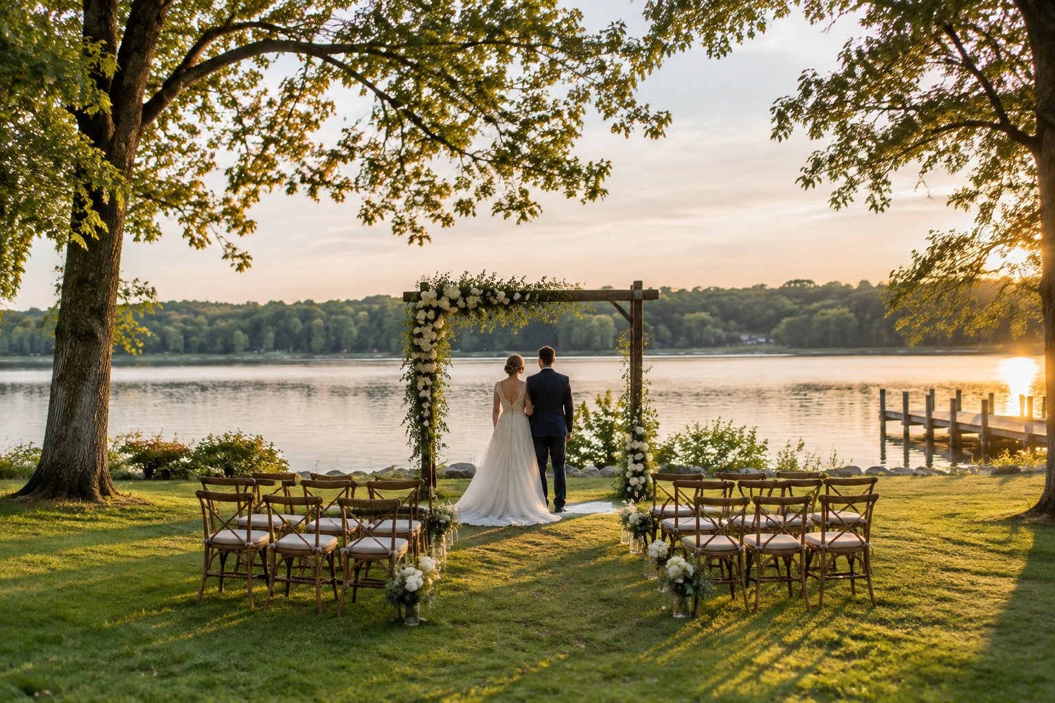 A wedding ceremony beside a calm lake, with a couple beneath a flower-decorated arch.
