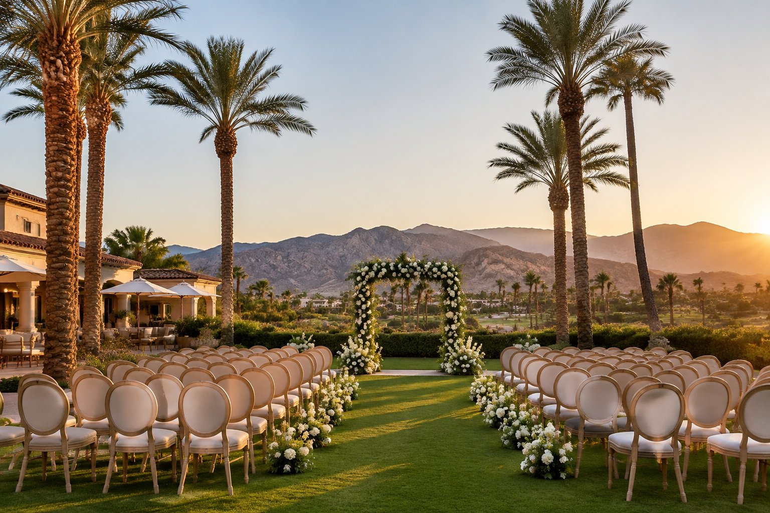 An outdoor wedding ceremony setup at a Palm Desert resort, surrounded by palm trees.