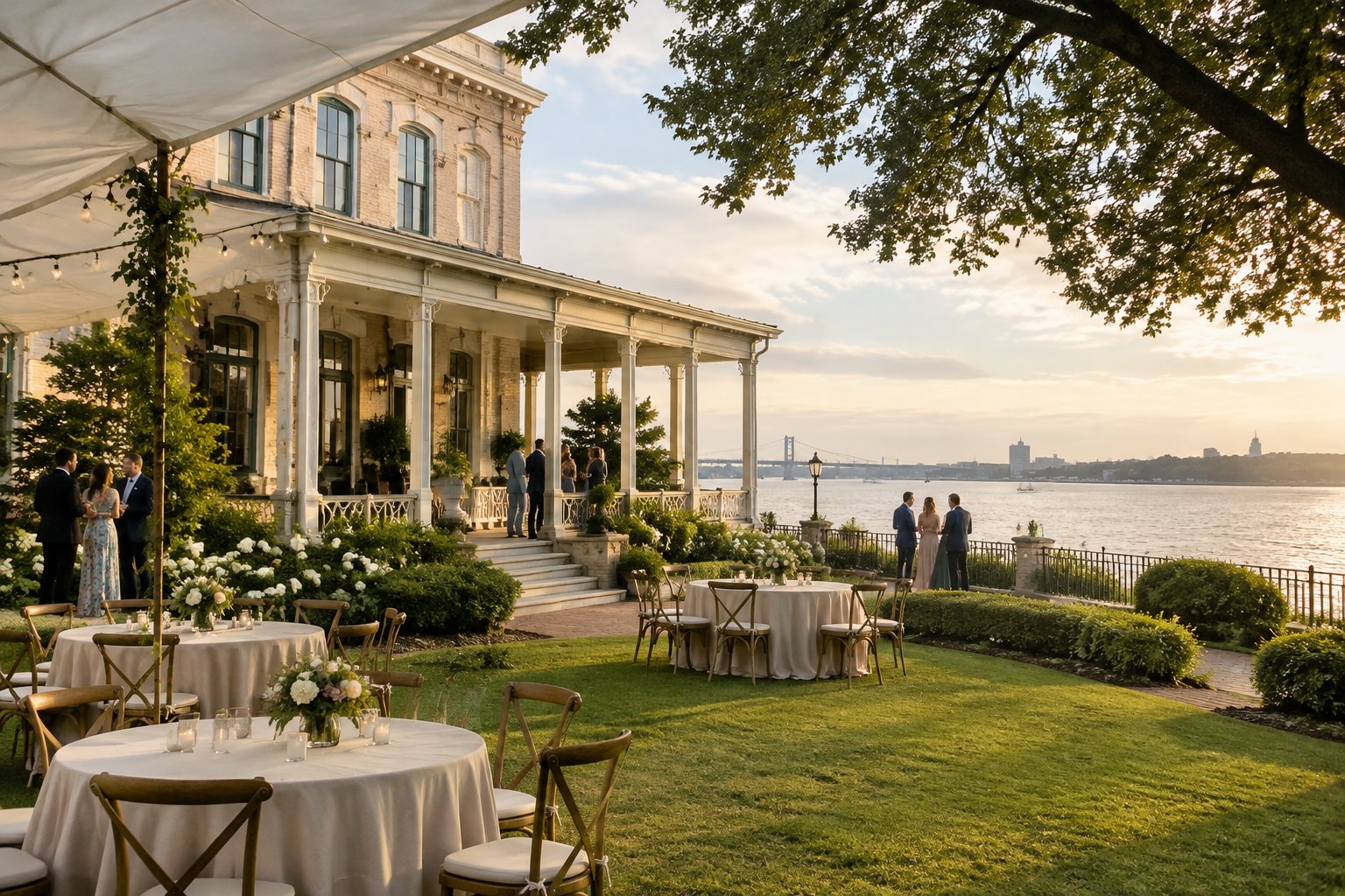 A wedding reception on the grounds of a historic waterfront venue overlooking a river.