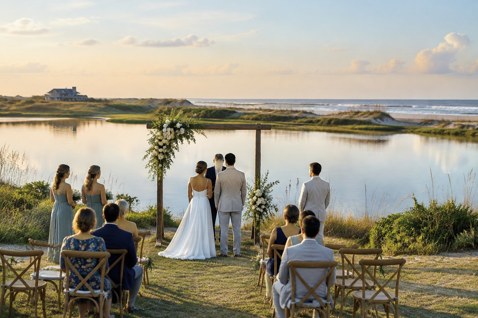 An outdoor wedding ceremony beside a calm coastal lake, with a flower-decorated arch and sandy dunes.