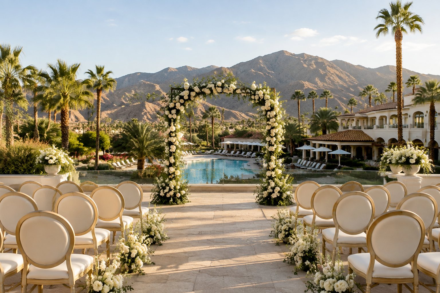 A wedding ceremony setup at a desert resort with palm trees and mountains in the background.