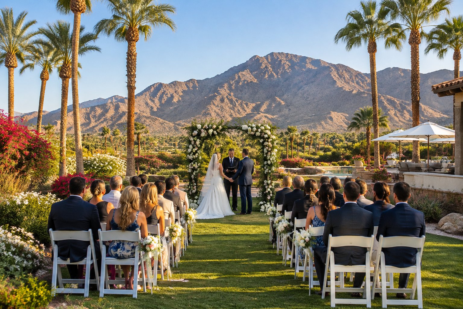 An outdoor wedding ceremony at a palm-lined desert resort with mountains in the distance.