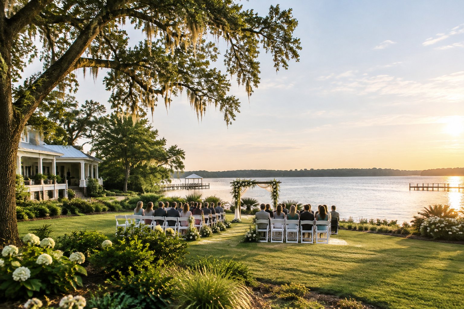 A lakeside wedding ceremony set on a garden lawn beside a calm lake.