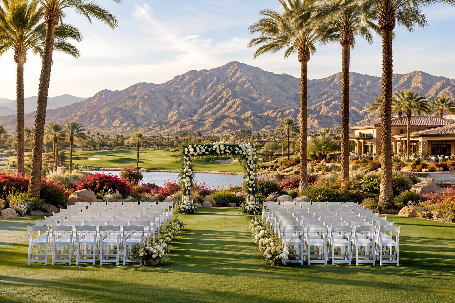 An outdoor wedding ceremony on a golf-course lawn with palm trees and mountains in the background.