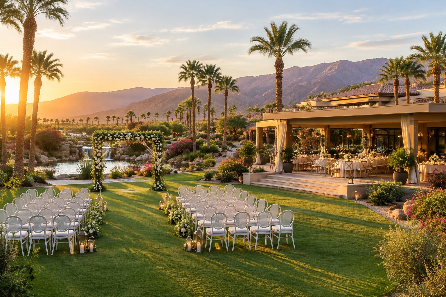 A wedding ceremony lawn and elegant reception terrace at a desert hotel.
