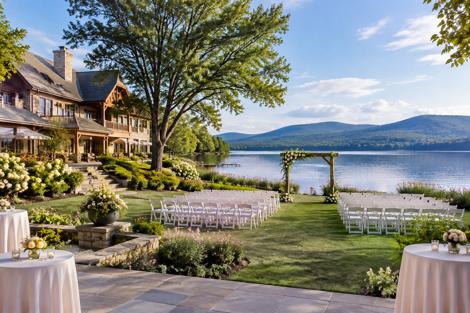 A lakeside inn with a garden wedding ceremony setup beside the water.