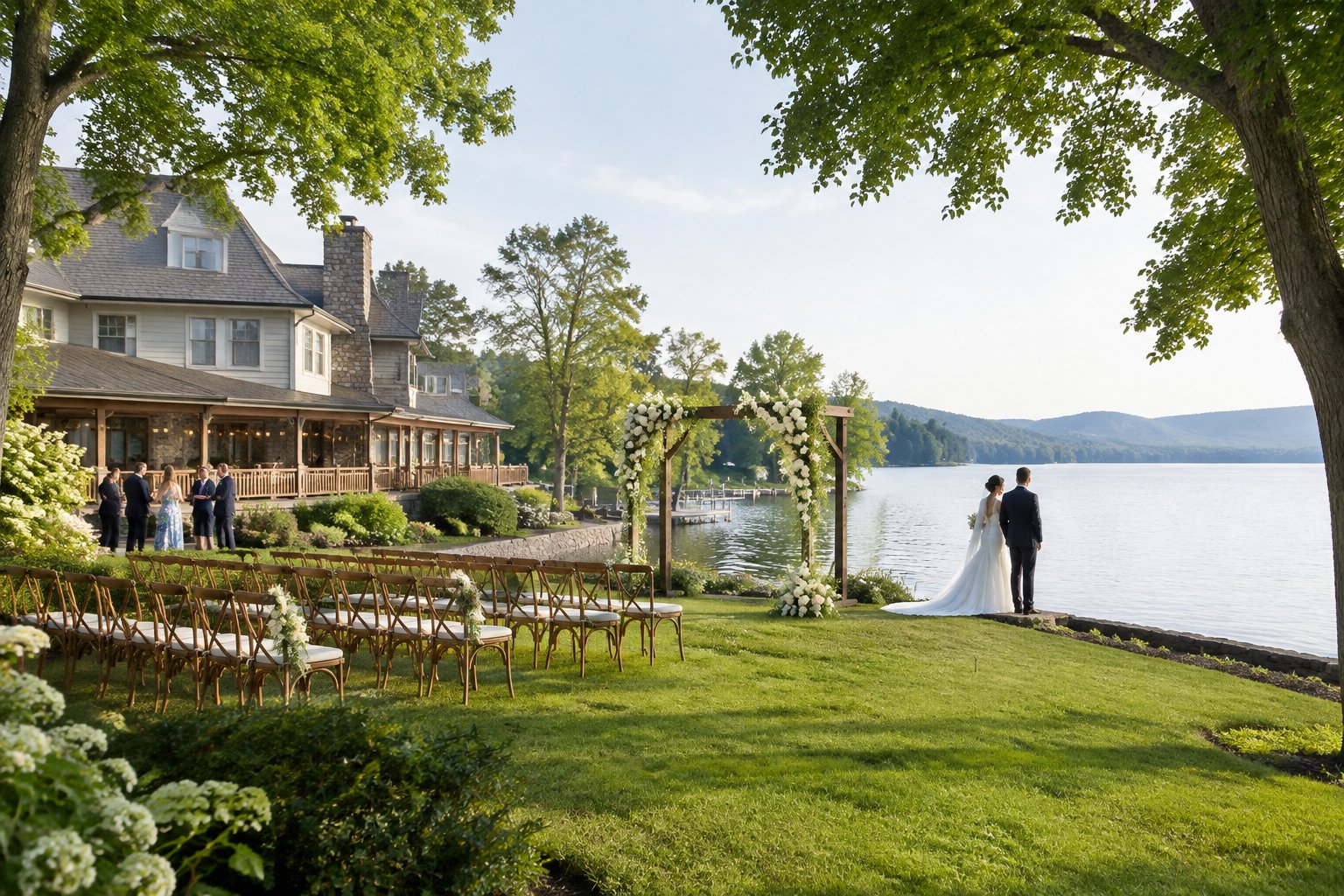A couple stands at an outdoor wedding ceremony beside a lake, with an inn and guests in the background.