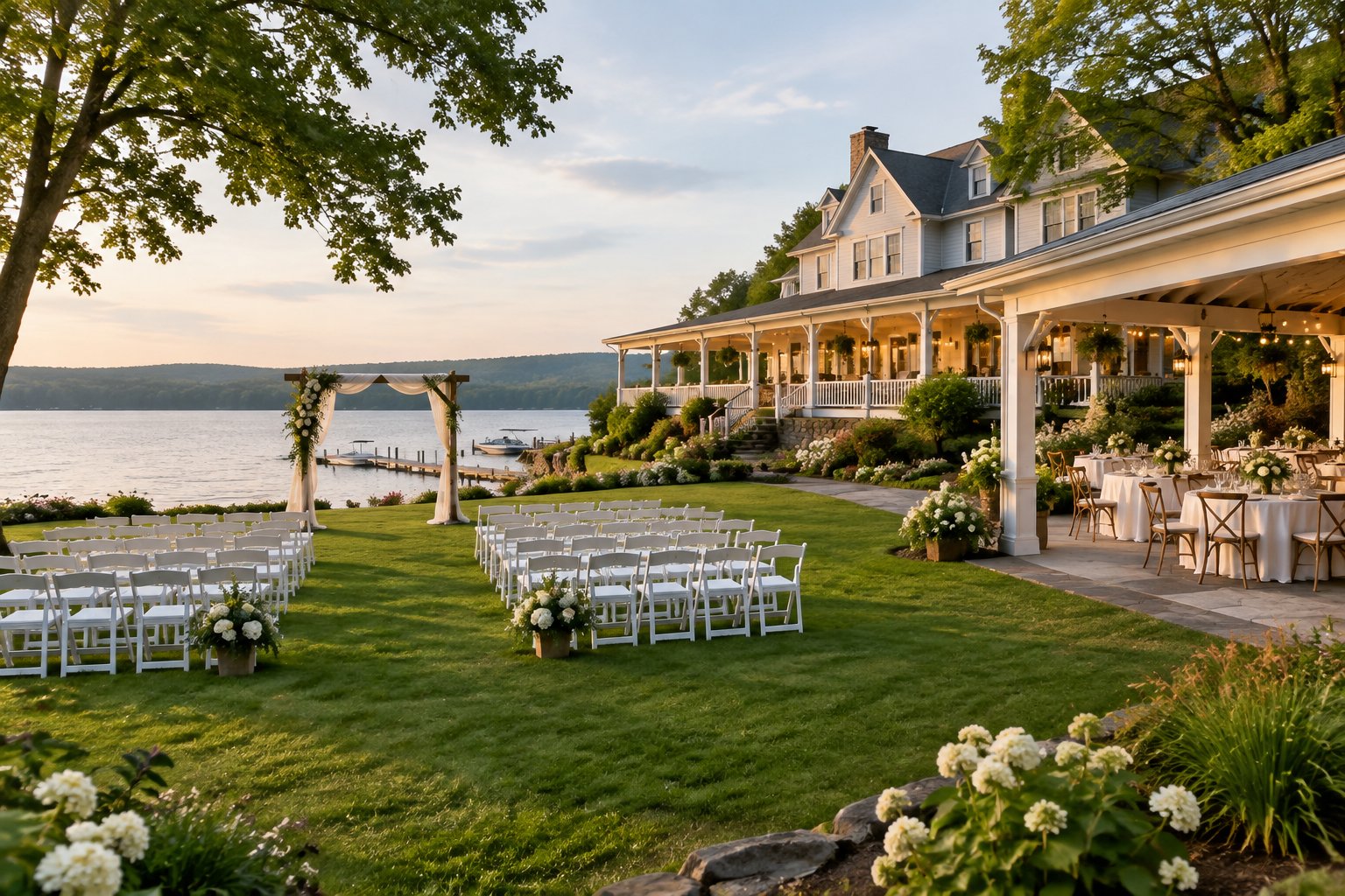 A lakeside inn with a wedding ceremony lawn and a decorated reception area.