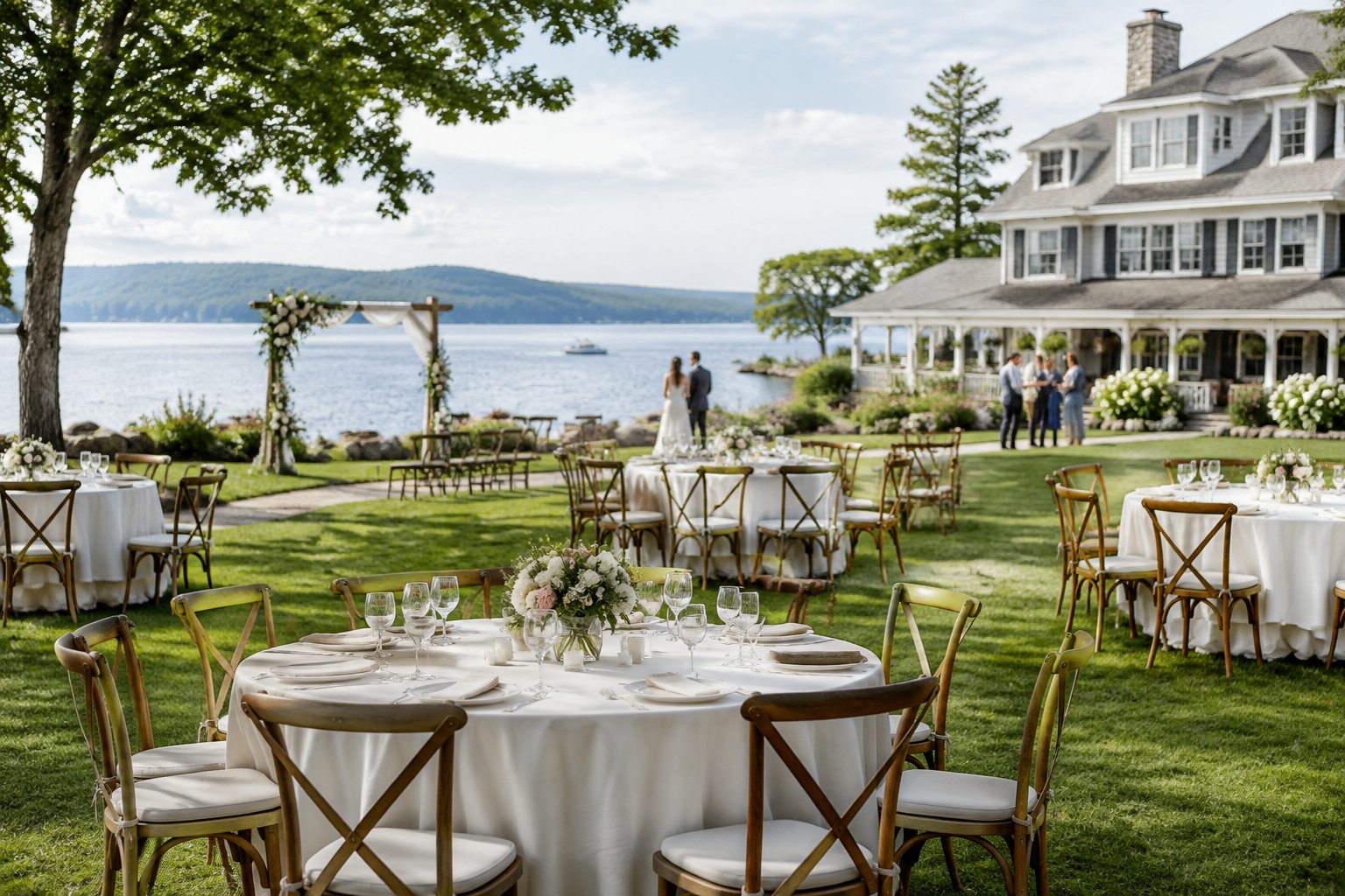 A wedding reception set up on the lawn beside a lakeside inn.