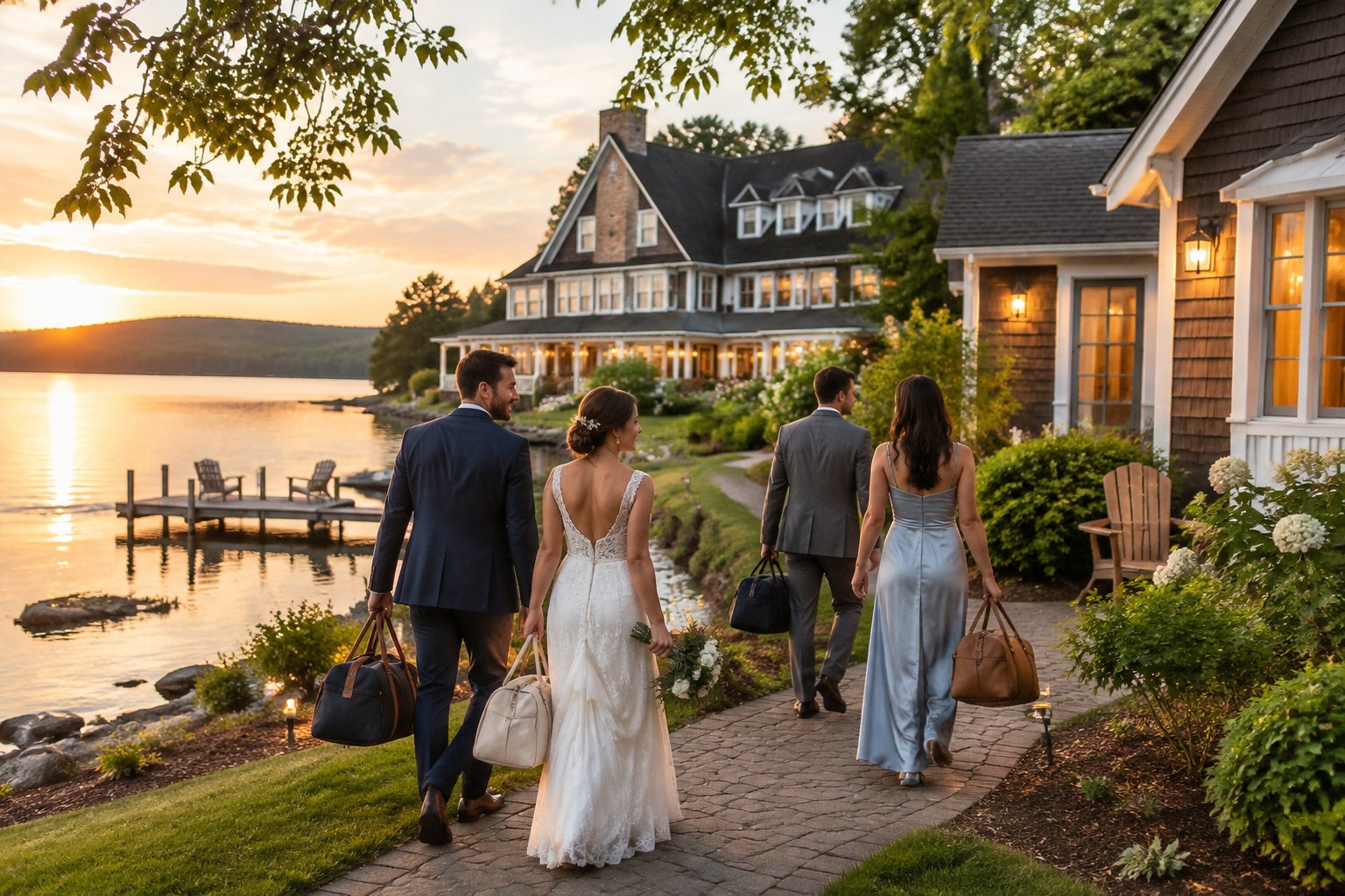 Wedding guests walk toward a lakeside inn with overnight bags.